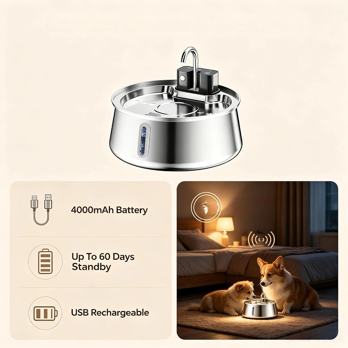 4-Liter Stainless Steel Pet Water Fountain