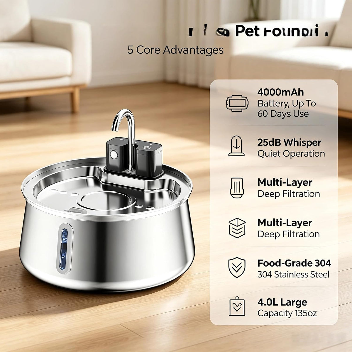 4-Liter Stainless Steel Pet Water Fountain